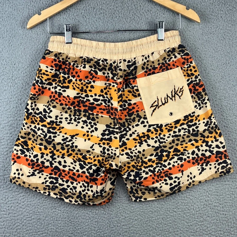 Slunks Mens Board Shorts Animal Print Striped Swim Trunks Orange Black Size M